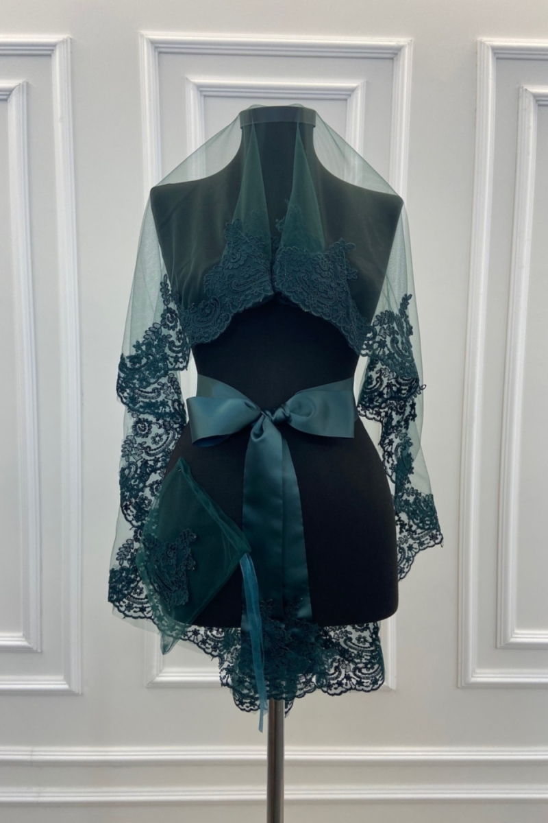 Zümrüt Yeşili Dantelli Gelin Duvak Eldiven Kuşak Komple Set