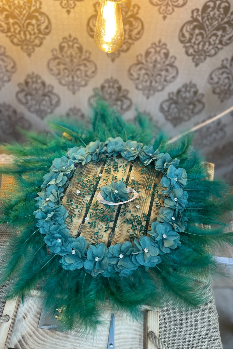 Zümrüt Yeşili Gelin Damat El Halay Mendili Üç Boyutlu Çiçek Tüy Taş Süslemeli Düğün Kına Sünnet Söz