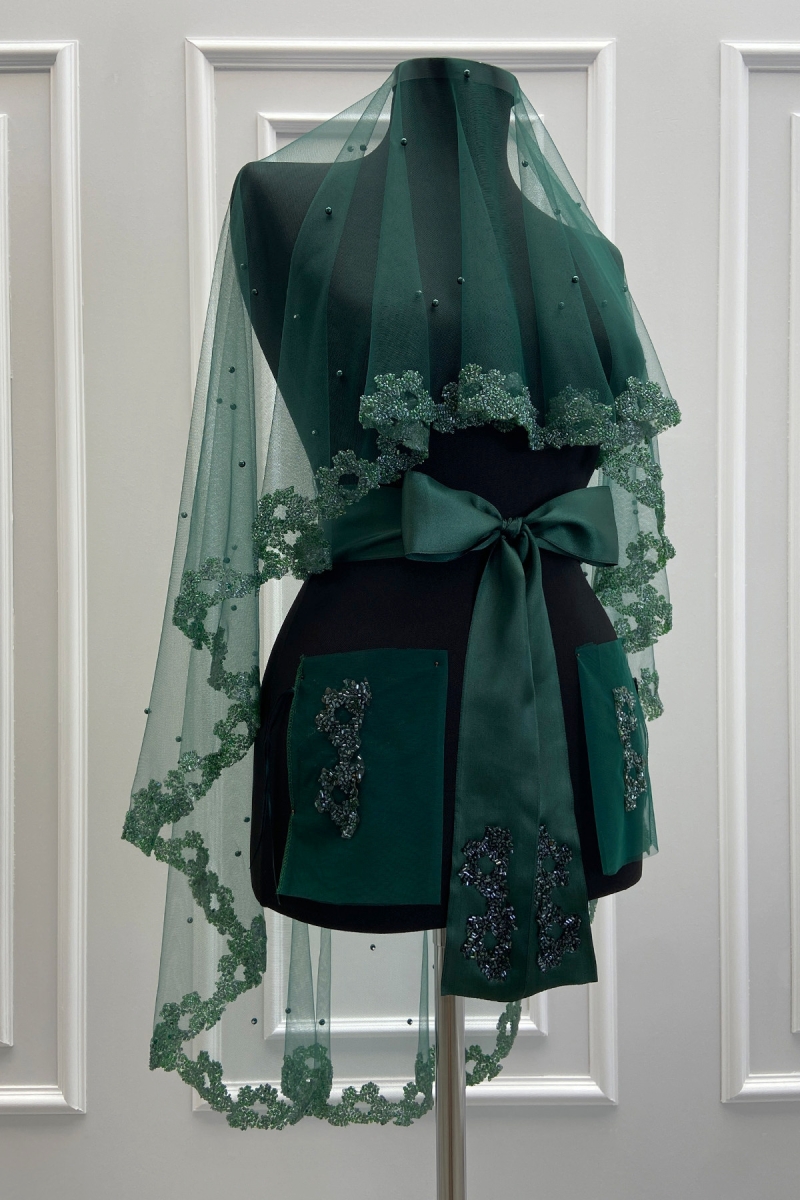 Zümrüt Yeşili Gelin Duvak Seti, Cam Boncuk Ve İncili, Kına Gecesi Duvağı Yüz Örtüsü Seti 6 Parça