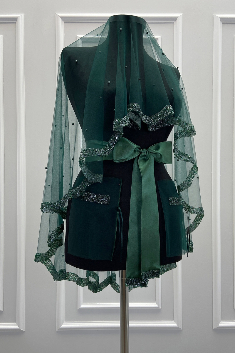 Zümrüt Yeşili Gelin Duvak Seti, Cam Boncuk Ve İncili, Kına Gecesi Duvağı Yüz Örtüsü Seti 6 Parça