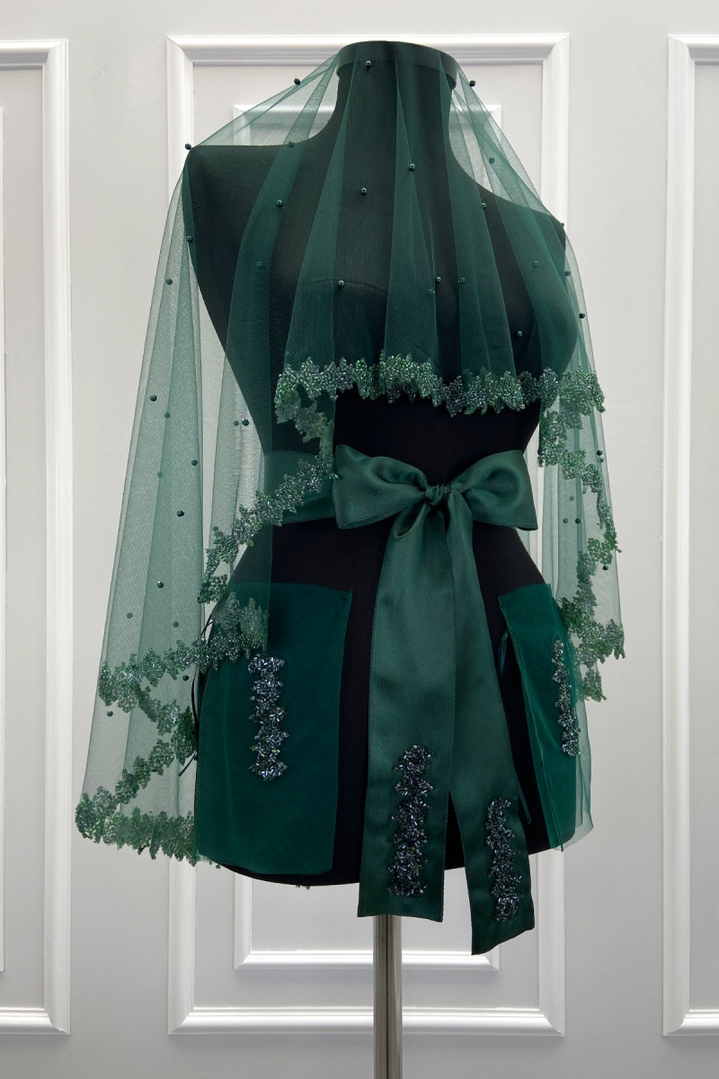 Zümrüt Yeşili Gelin Duvak Seti, Cam Boncuk Ve İncili, Kına Gecesi Duvağı Yüz Örtüsü Seti 6 Parça