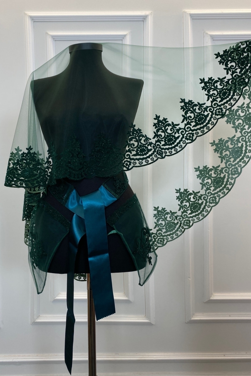 Zümrüt Yeşili Gelin Duvak Seti Klasik Desen Flok Baskı Simli Kına Duvağı