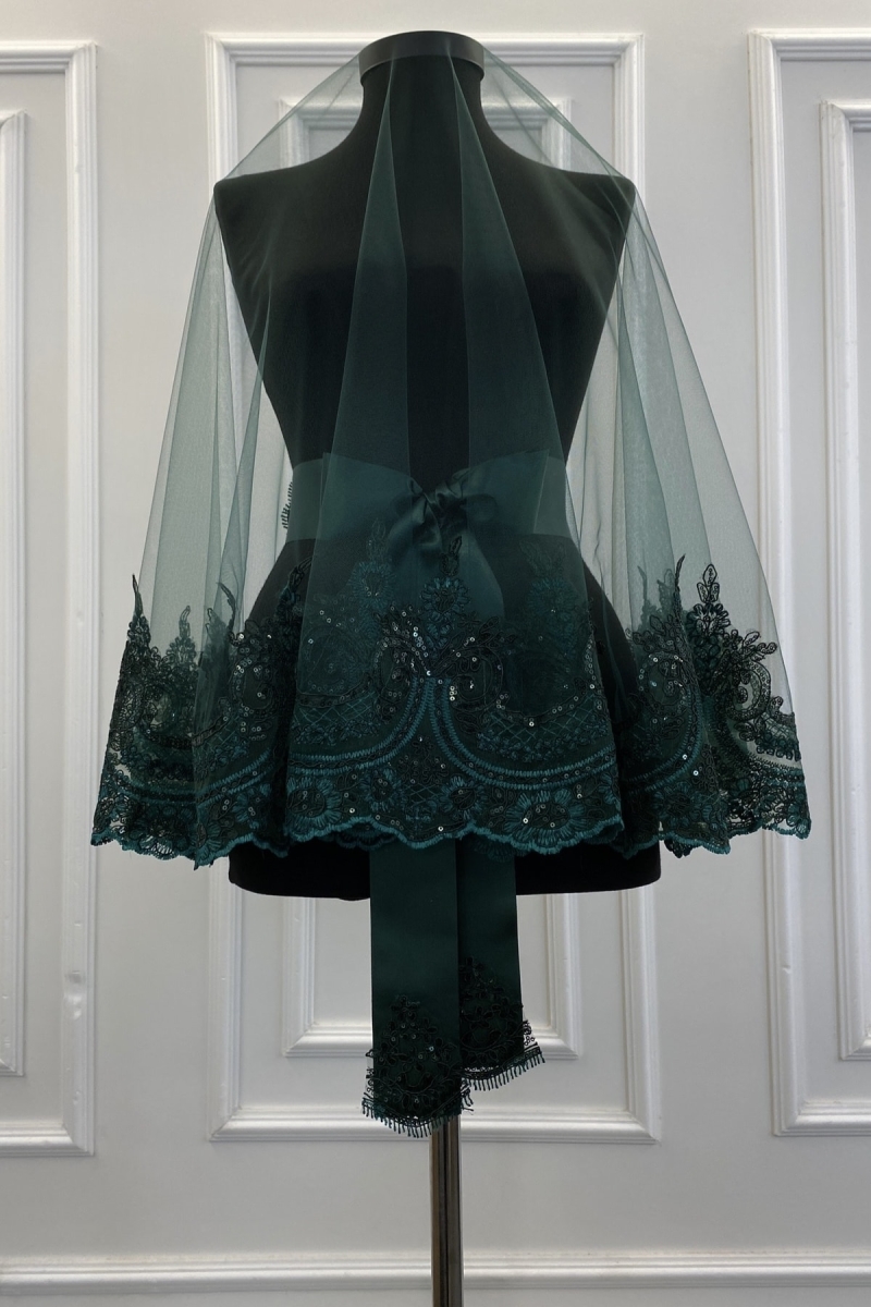 Zümrüt Yeşili Gelin Duvak Seti, Sultan Desen Işıl Işıl Güpürlü