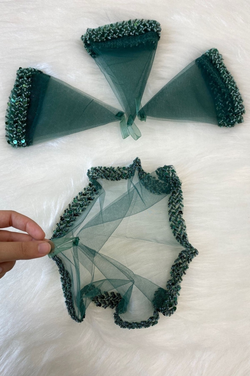 Zümrüt Yeşili Gelin Mendili, Halay El Mendili, Zarif Su Taşlı Pullu Boncuklu Pul Payet