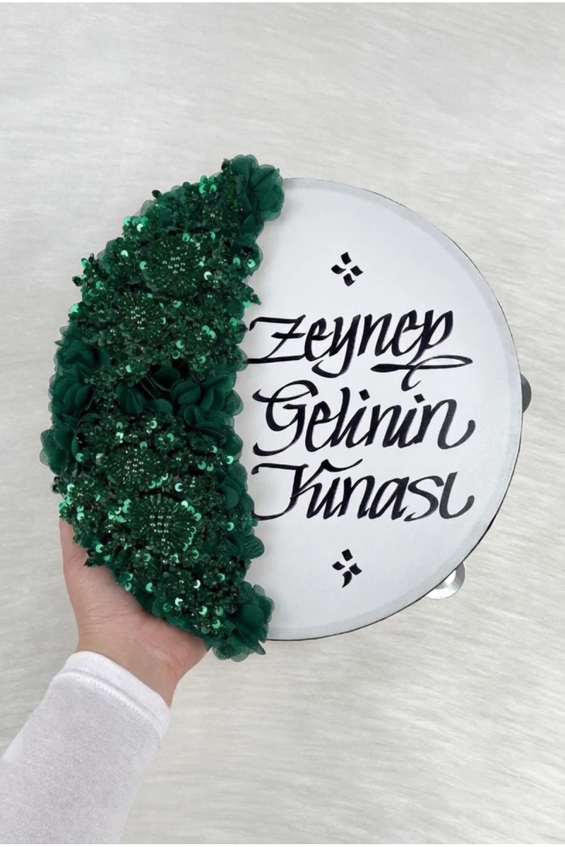 Zümrüt Yeşili Gelin Tefi 30 Cm, Kaligrafi Ve Vip Aplik Süslemeli, Düğün Sünnet Kına Nedime Nikah Nişan Söz Bride Parti Bekarlığa Veda Partisi Gelin Da
