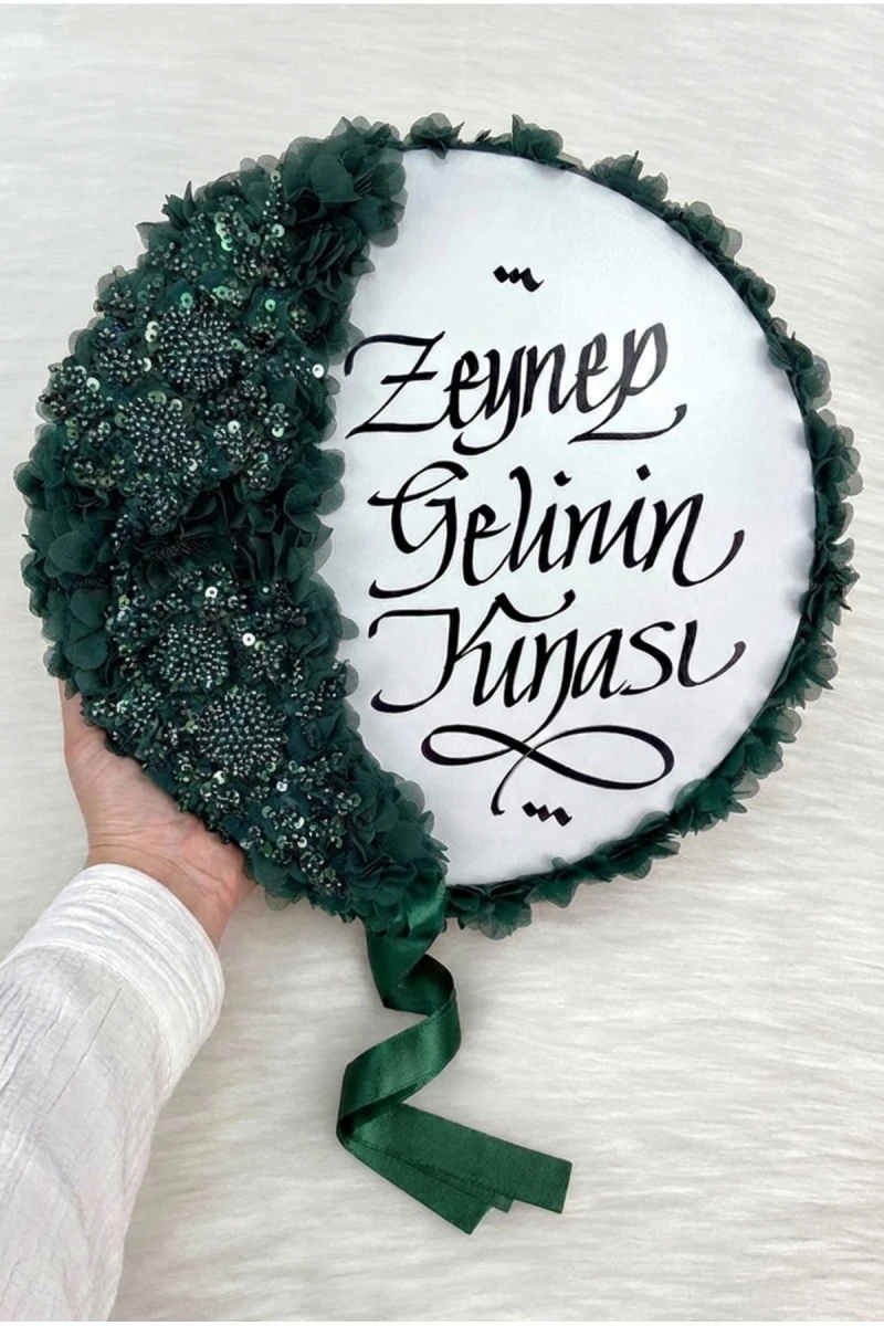 Zümrüt Yeşili Gelin Tefi 32cm, Kaligrafi Ve Vip Aplik Süslemeli, Düğün Sünnet Kına Nedime Nikah Söz Bride Parti Tefi
