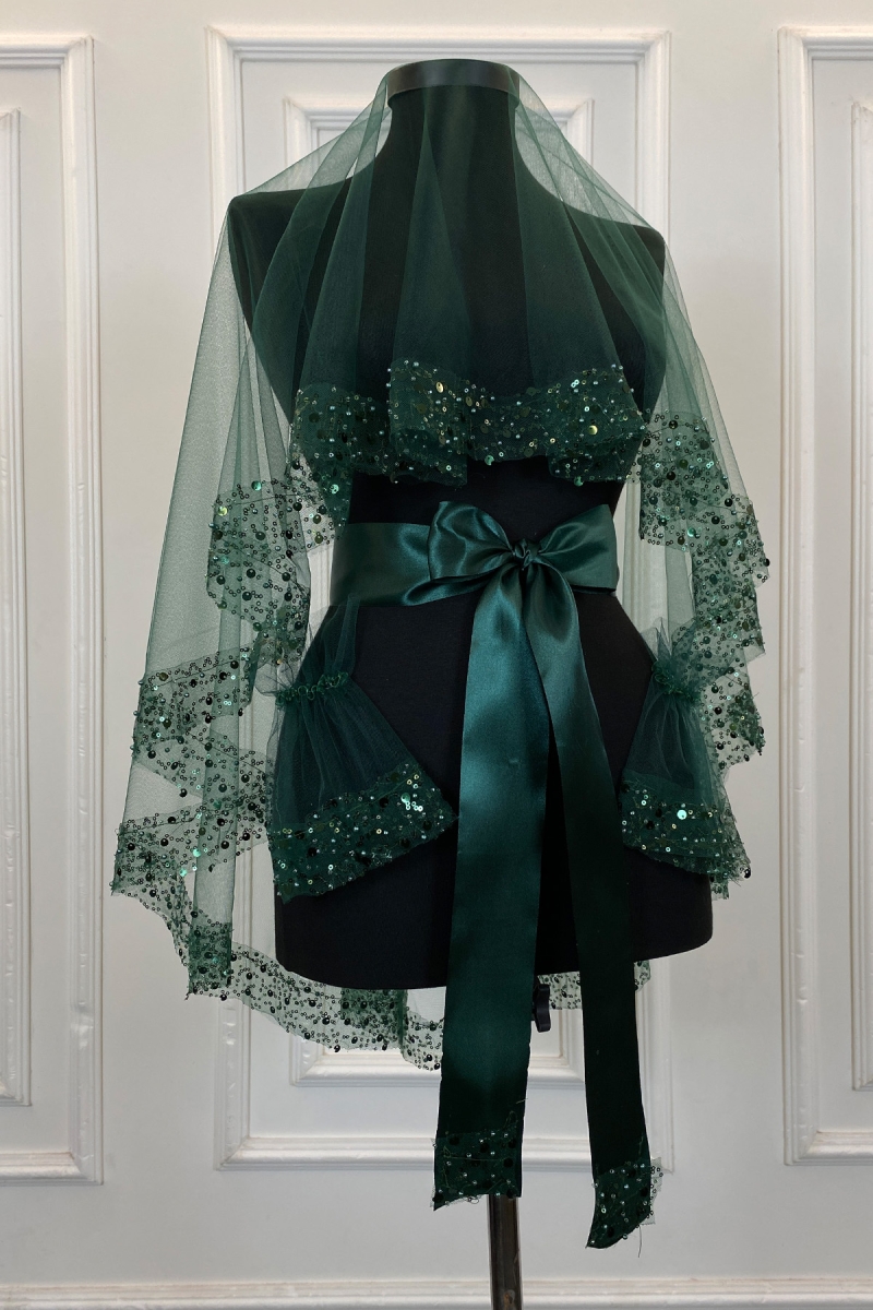 Zümrüt Yeşili Geniş Pullu Ve İncili Gelin Duvak Seti, Kına Gecesi Örtüsü 6 Parça