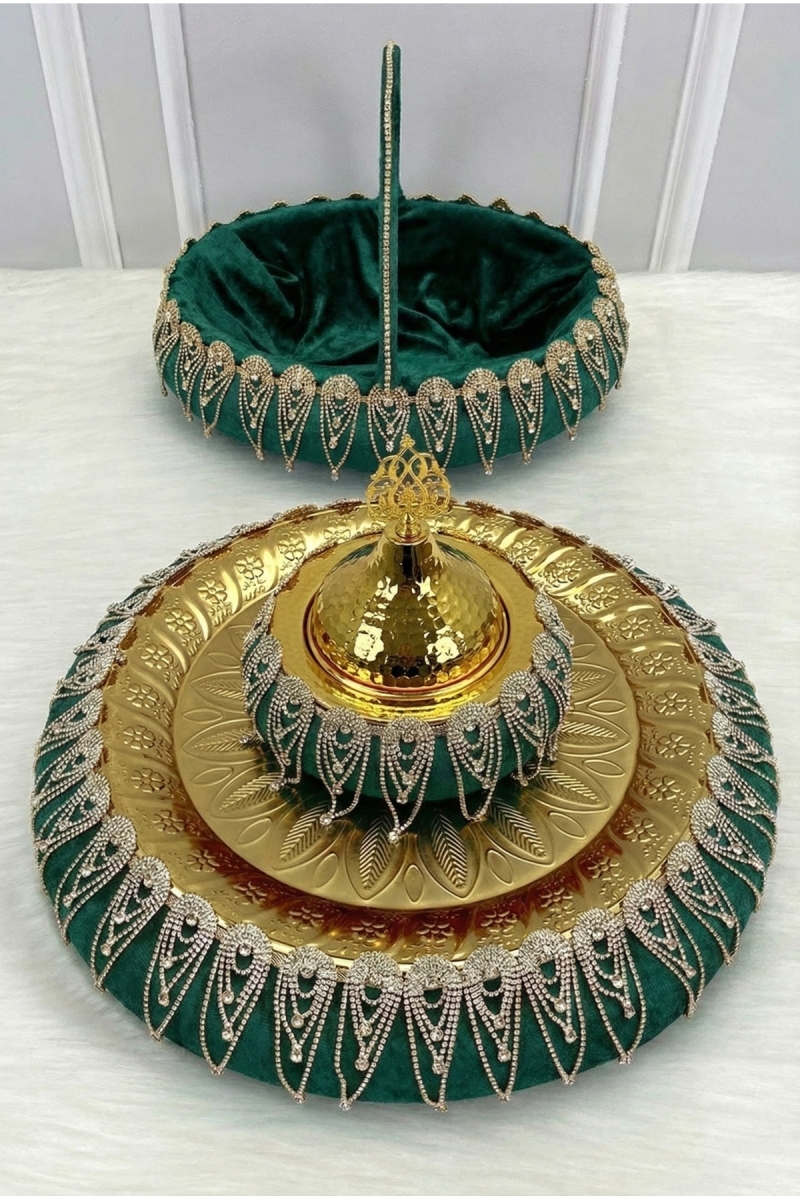 Zümrüt Yeşili Kına Gecesi Tepsi Sepet Gelin Takımı, Lüks Kadife Parlak Taş, Nişan Nikah Düğün Sünnet