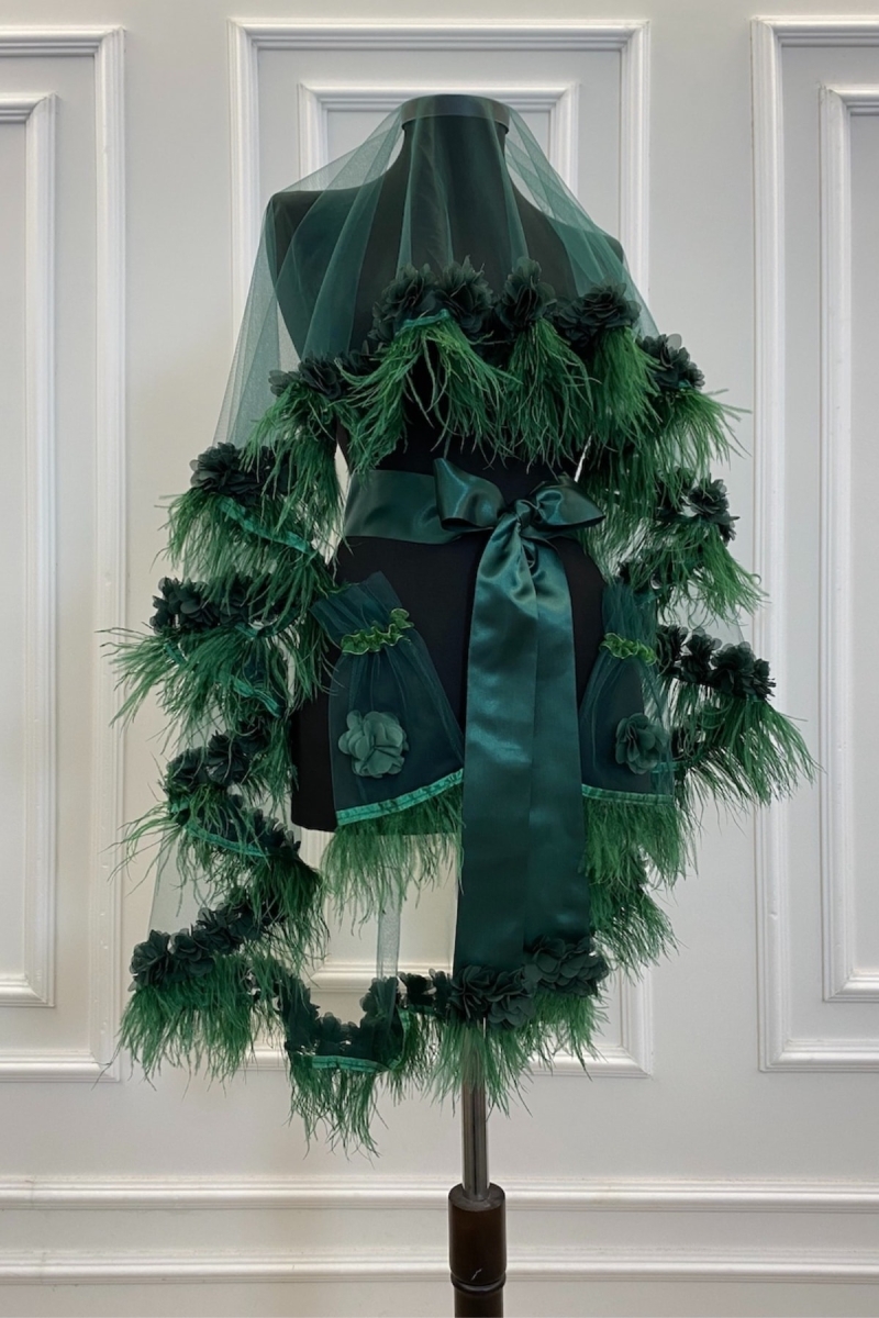 Zümrüt Yeşili Lüks Gelin Kına Duvağı Seti Üç Boyutlu Lazer Çiçek Ve Tüy Süslemeli