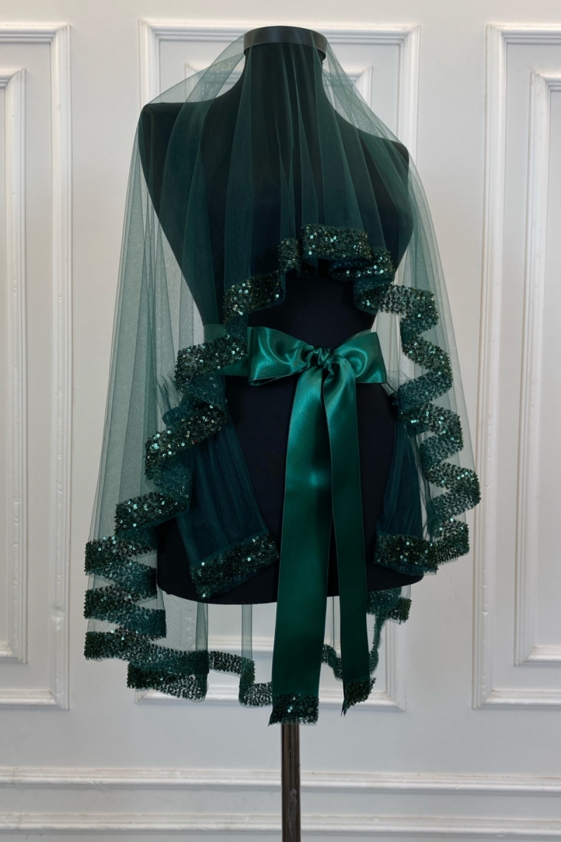 Zümrüt Yeşili Orkide Gelin Duvak Seti, Su Taşlı Kına Duvağı Seti 6 Parça