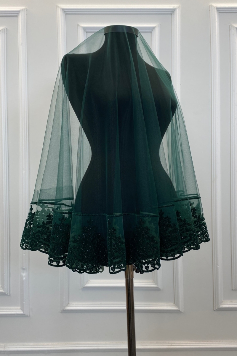 Zümrüt Yeşili Simli Gelin Duvak Seti, Kına Duvağı Örtüsü