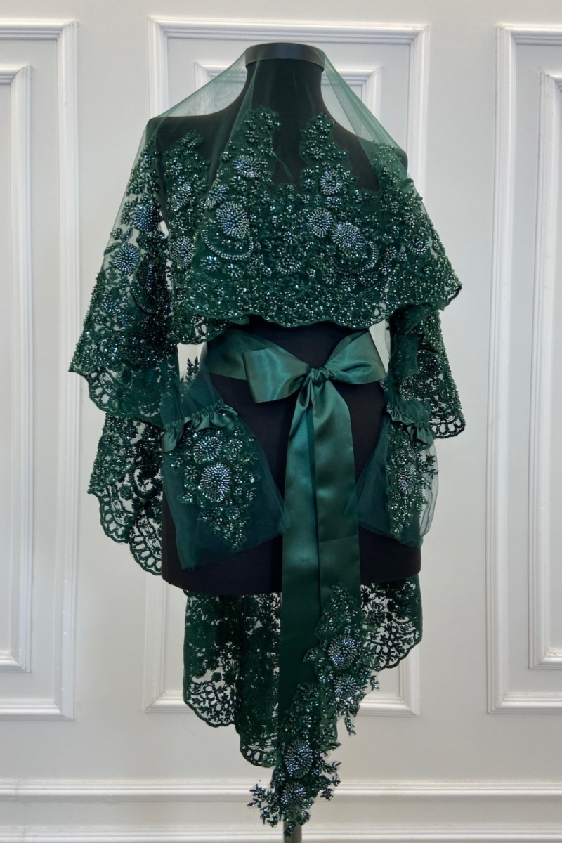 Zümrüt Yeşili Vıp Deluxe Gelin Duvağı Seti