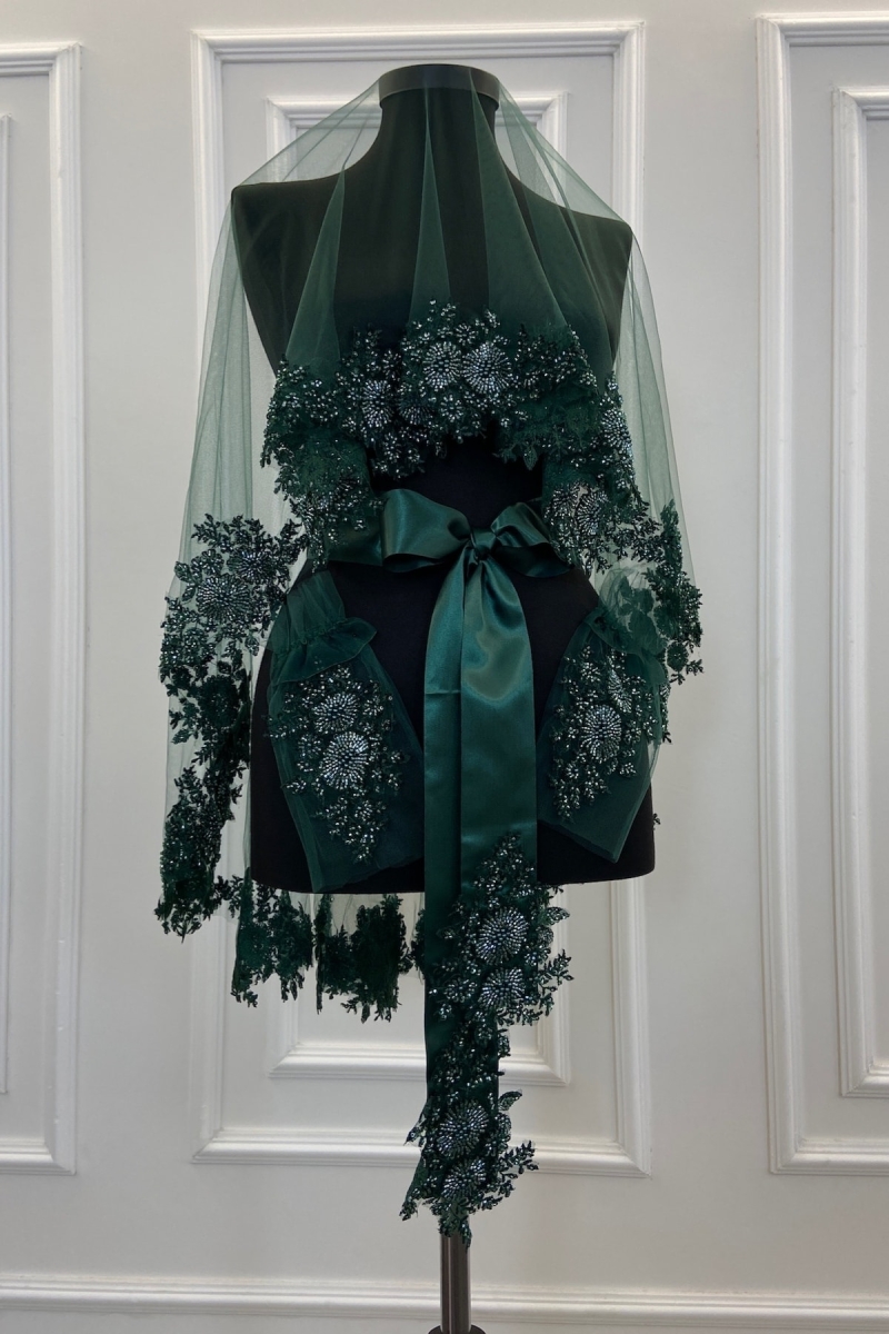 Zümrüt Yeşili Vip Gelin Duvak Seti, Kına Duvağı Örtüsü Seti