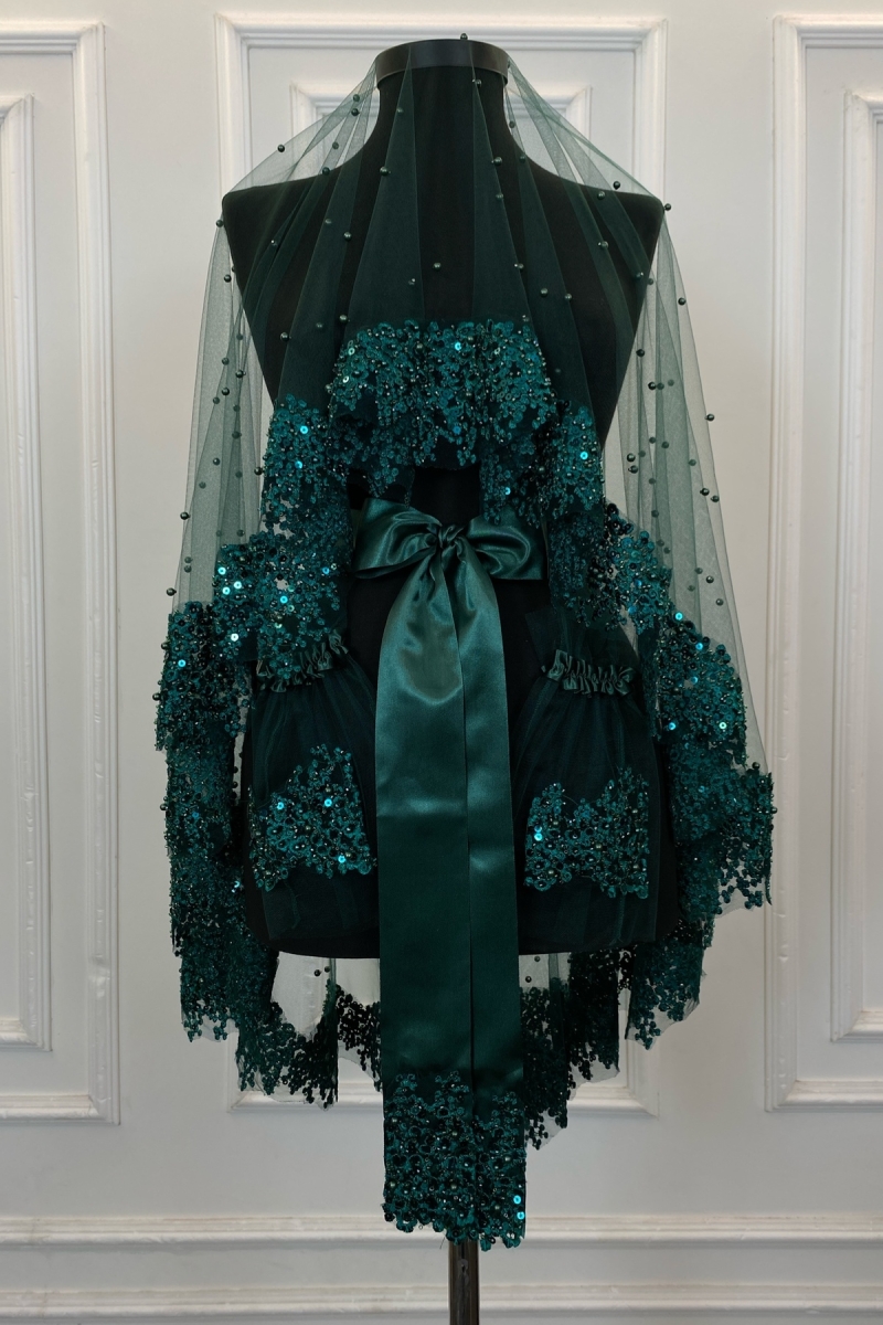 Zümrüt Yeşili Vip Gelin Duvak Seti, Papatya Güpürlü Boncuklu Pullu Incili Kına Duvağı Seti 6 Parça