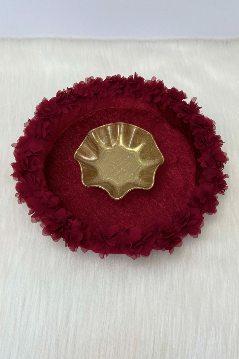 Bordo Gelin Kına Gecesi Tepsisi, Düğün, Sünnet, Kadife Üç Boyutlu Lazer Çiçek Süslemeli Tepsi