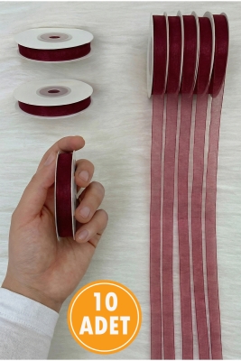 10 Adet Organze Tül Kurdele Bordo 1 cm 22 mt, Bohça, Nişan, Çeyiz, Hediye, Paketleme, Süsleme, Nikah