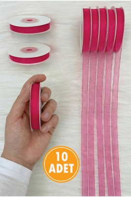 10 Adet Organze Tül Kurdele Fuşya 1 cm 22 mt, Bohça, Nişan, Çeyiz, Hediye, Paketleme, Süsleme, Nikah