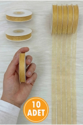 10 Adet Organze Tül Kurdele Gold 1 cm 22 mt, Bohça, Nişan, Çeyiz, Hediye, Paketleme, Süsleme, Nikah