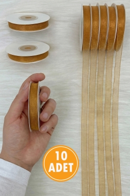 10 Adet Organze Tül Kurdele Kahverengi 1cm 22mt, Bohça Nişan Çeyiz Hediye Paketleme Süsleme Nikah