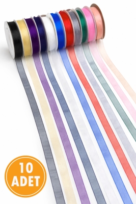 10 Adet Organze Tül Kurdele Karışık Renk 1cm 22mt, Bohça Nişan Çeyiz Hediye Paketleme Süsleme Nikah