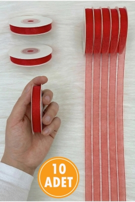 10 Adet Organze Tül Kurdele Kırmızı 1cm 22mt, Bohça, Nişan, Çeyiz, Hediye, Paketleme, Süsleme, Nikah