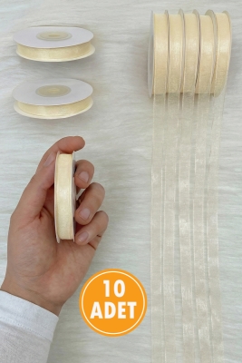 10 Adet Organze Tül Kurdele Krem 1 cm 22 mt, Bohça, Nişan, Çeyiz, Hediye, Paketleme, Süsleme, Nikah