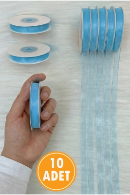 10 Adet Organze Tül Kurdele Mavi 1 cm 22 mt, Bohça, Nişan, Çeyiz, Hediye, Paketleme, Süsleme, Nikah