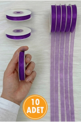 10 Adet Organze Tül Kurdele Mor 1 cm 22 mt, Bohça, Nişan, Çeyiz, Hediye, Paketleme, Süsleme, Nikah