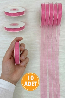 10 Adet Organze Tül Kurdele Pembe 1 cm 22 mt, Bohça, Nişan, Çeyiz, Hediye, Paketleme, Süsleme, Nikah