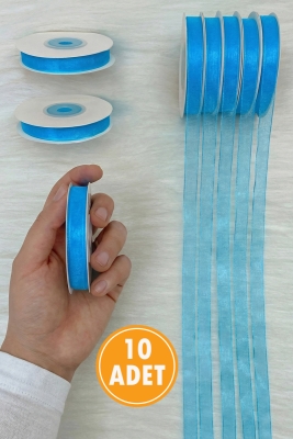 10 Adet Organze Tül Kurdele Sünnet Mavi 1cm 22mt, Bohça, Çeyiz, Hediye, Paketleme, Süsleme, Nikah