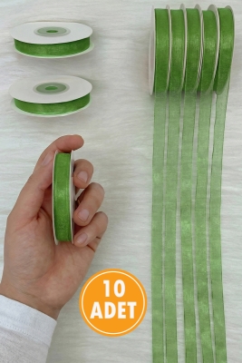 10 Adet Organze Tül Kurdele Zeytin Yeşili 1cm 22mt, Bohça, Çeyiz, Hediye, Paketleme, Süsleme, Nikah