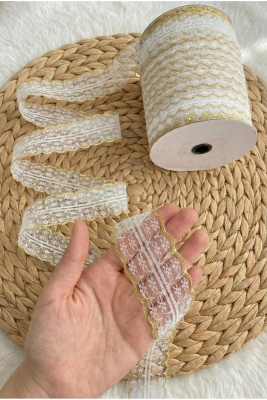 10 Metre Çift Katlı Dantel Kurdele Beyaz Gold Fisto, Bohça Nişan Çeyiz Nikah Hediye Şeker Süsleme