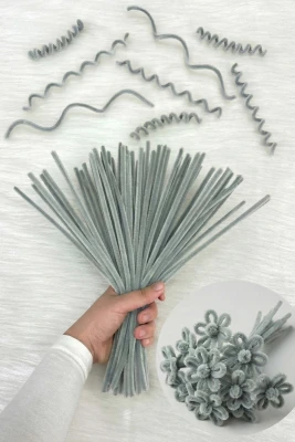 100 Adet Açık Gri Şönil 30cm, Tüylü Peluş Kadife Tel, El İşi, Çiçek, Hediye, Süsleme, Okul, Etkinlik
