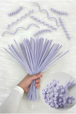 100 Adet Açık Toz Lila Şönil 30cm, Tüylü Kadife Tel, El İşi, Çiçek, Hediye, Süsleme, Okul, Etkinlik
