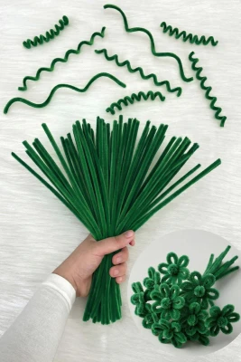 100 Adet Ağaç Yeşil Şönil 30cm, Tüylü Kadife Tel, El İşi, Çiçek, Hediye, Süsleme, Okul, Etkinlik