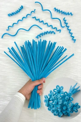100 Adet Bebe Mavi Şönil 30cm, Tüylü Peluş Kadife Tel, El İşi, Çiçek, Hediye, Süsleme, Okul Etkinlik