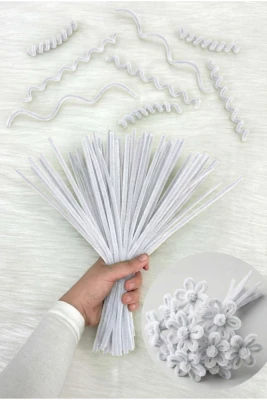 100 Adet Beyaz Şönil 30cm, Tüylü Peluş Kadife Tel, El İşi, Çiçek, Hediye, Süsleme, Okul, Etkinlik