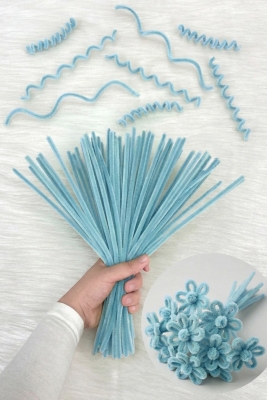 100 Adet Buz Mavi Şönil 30cm, Tüylü Peluş Kadife Tel, El İşi, Çiçek, Hediye, Süsleme, Okul, Etkinlik