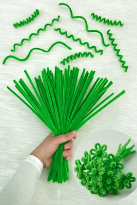 100 Adet Çimen Yeşili Şönil 30cm, Tüylü Peluş Kadife Tel, El İşi Çiçek Hediye Süsleme Okul Etkinlik