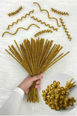100 Adet Gold Simli Şönil 30cm, Tüylü Kadife Tel, El İşi, Çiçek, Hediye, Süsleme, Okul, Etkinlik