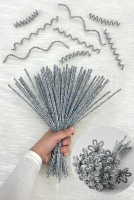 100 Adet Gümüş Simli Şönil 30cm, Tüylü Kadife Tel, El İşi, Çiçek, Hediye, Süsleme, Okul, Etkinlik