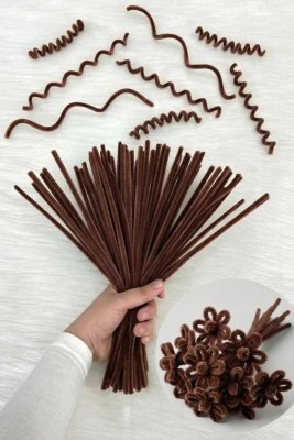 100 Adet Kahverengi Şönil 30cm, Tüylü Peluş Kadife Tel, El İşi, Çiçek, Hediye, Süsleme Okul Etkinlik