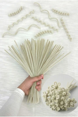 100 Adet Kirli Beyaz Şönil 30cm, Tüylü Kadife Tel, El İşi, Çiçek, Hediye, Süsleme, Okul, Etkinlik