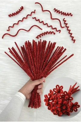 100 Adet Kırmızı Simli Şönil 30cm, Tüylü Kadife Tel, El İşi, Çiçek, Hediye, Süsleme, Okul, Etkinlik
