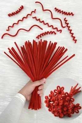 100 Adet Kırmızı Şönil 30cm, Tüylü Peluş Kadife Tel, El İşi, Çiçek, Hediye, Süsleme, Okul, Etkinlik