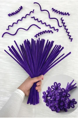 100 Adet Koyu Mor Şönil 30cm, Tüylü Peluş Kadife Tel, El İşi, Çiçek, Hediye, Süsleme, Okul, Etkinlik