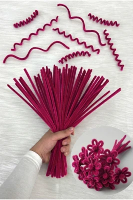 100 Adet Koyu Pembe Şönil 30cm, Tüylü Peluş Kadife Tel, El İşi, Çiçek, Hediye, Süsleme Okul Etkinlik