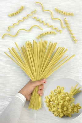 100 Adet Limon Sarı Şönil 30cm, Tüylü Kadife Tel, El İşi, Çiçek, Hediye, Süsleme, Okul, Etkinlik