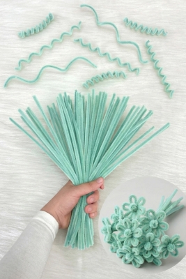100 Adet Mint Şönil 30cm, Tüylü Peluş Kadife Tel, El İşi, Çiçek, Hediye, Süsleme, Okul, Etkinlik