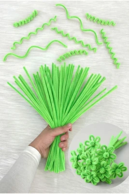 100 Adet Neon Mint Şönil 30cm, Fosforlu Kadife Tel, El İşi, Çiçek, Hediye, Süsleme, Okul, Etkinlik
